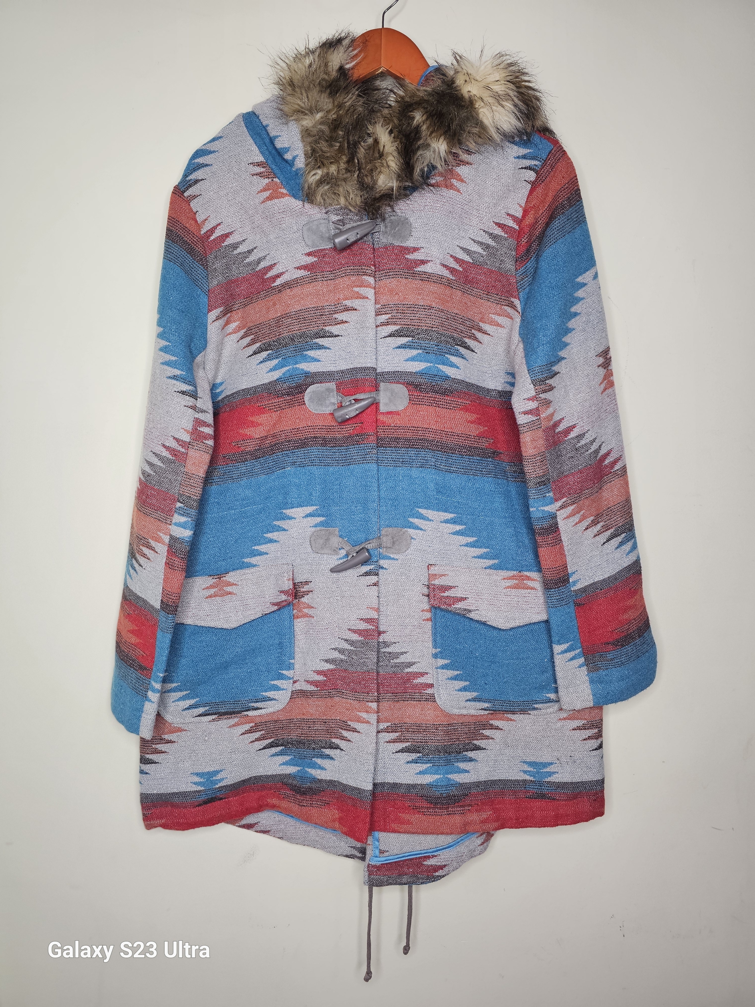 Bb Dakota Teal And Red Southwestern Toggle Coat With Faux Fur Hood L